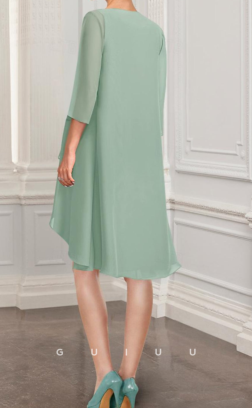 GM081 - Two Pieces Sheath Jewel Neck Half Sleeves Knee Length Ruffles Chiffon Mother of the Bride Dress Wrap Included