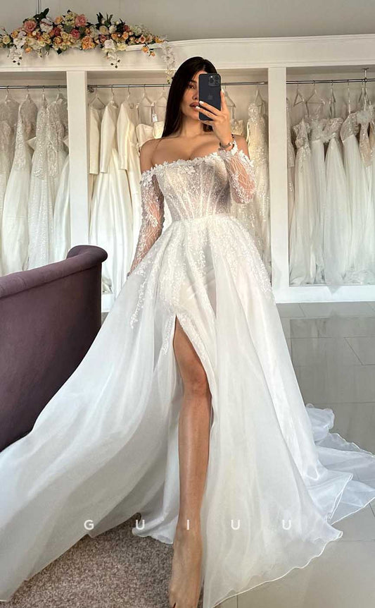 GW823 - Unique A-Line Off-Shoulder Long Sleeves Appliques Wedding Dress with High Side Slit and Court Train