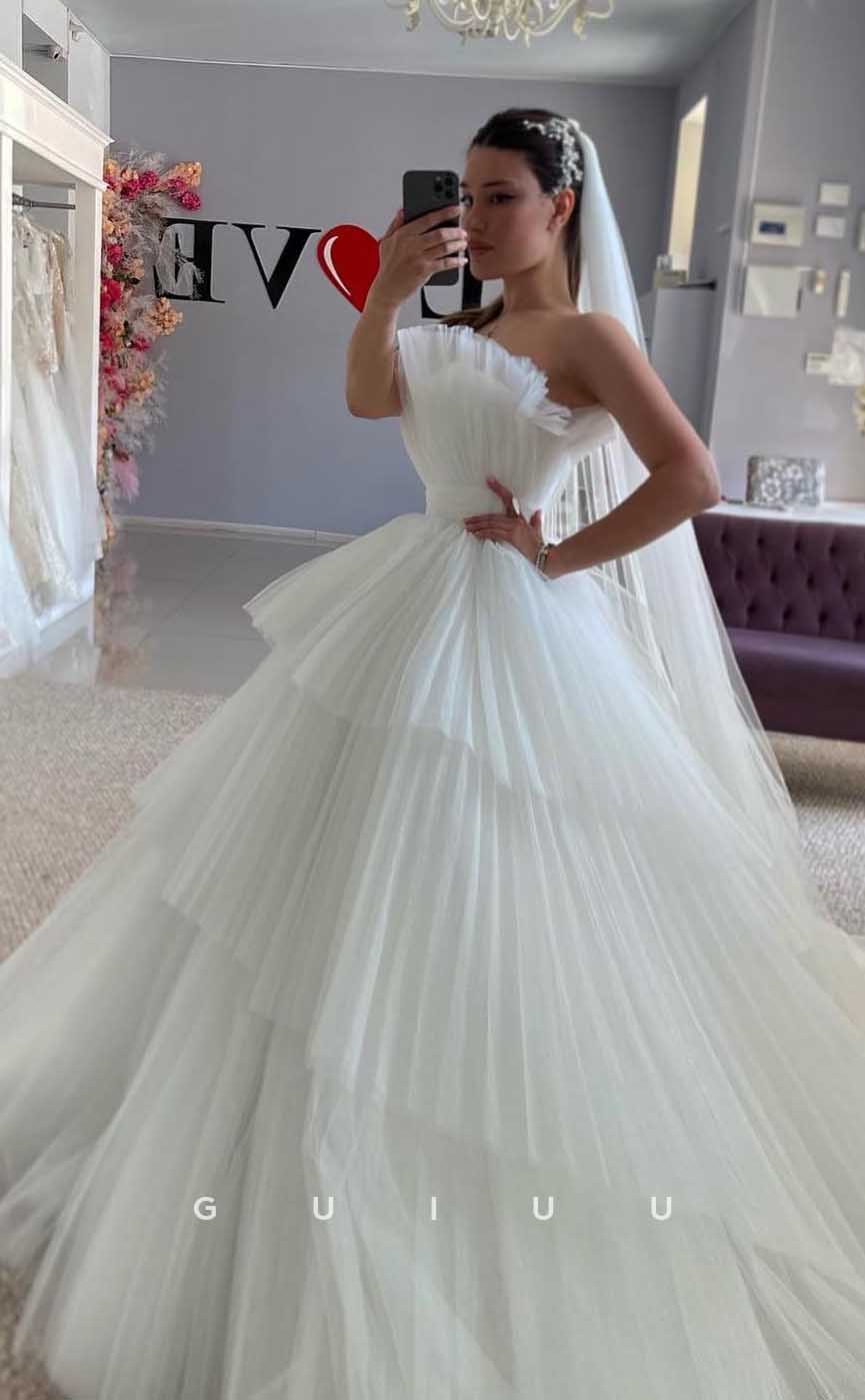 GW827 - Unique A-Line Sleeveless Tulle Tiered Wedding Dress with Court Train