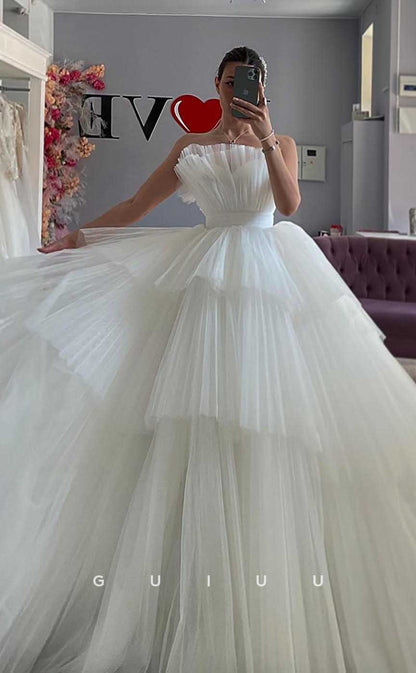 GW827 - Unique A-Line Sleeveless Tulle Tiered Wedding Dress with Court Train