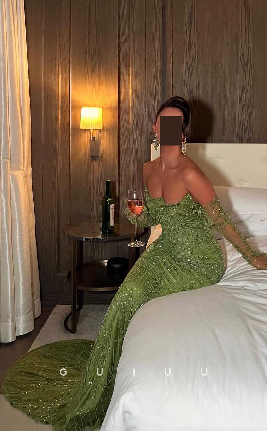 G4522 - Unique Green Mermaid Strapless Sleeveless Beaded Glitter Prom Party Dress with Train