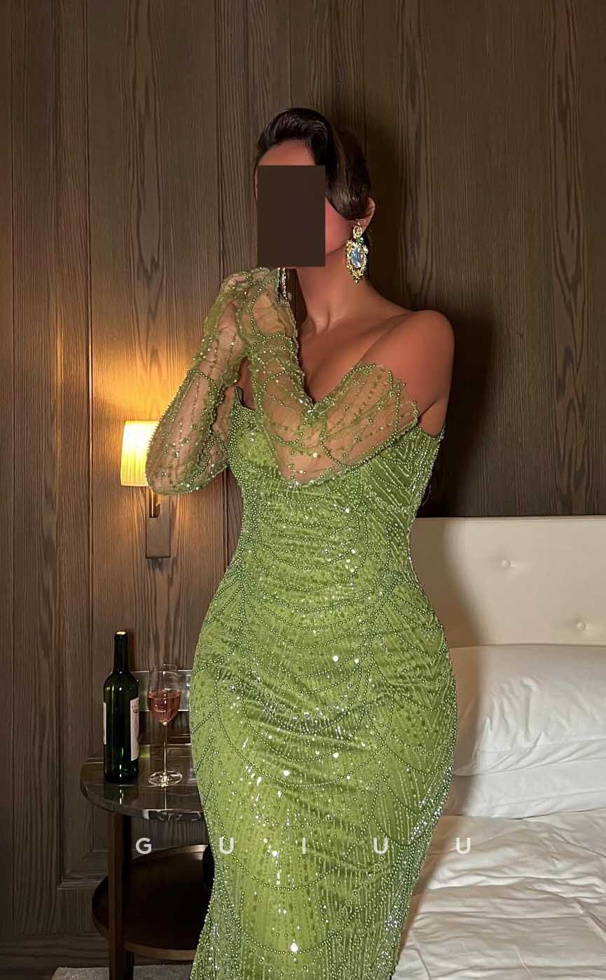 G4522 - Unique Green Mermaid Strapless Sleeveless Beaded Glitter Prom Party Dress with Train