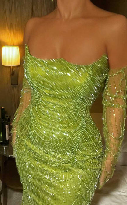 G4522 - Unique Green Mermaid Strapless Sleeveless Beaded Glitter Prom Party Dress with Train