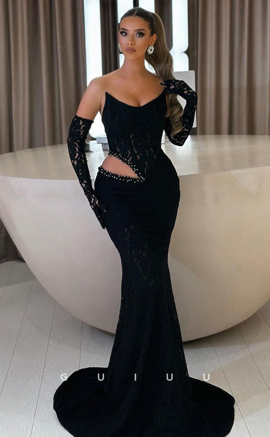 G4688 - Unique Mermaid Boat Neck Lace Prom Party Dress with Train