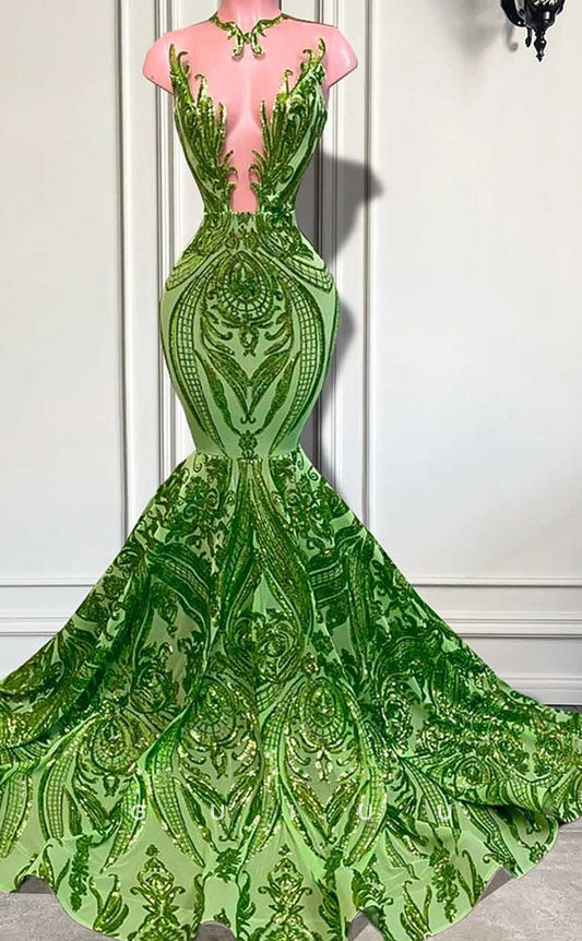 G4582 -  Unique Mermaid Sleeveless Sequined Green Party Prom Dress with Court Train