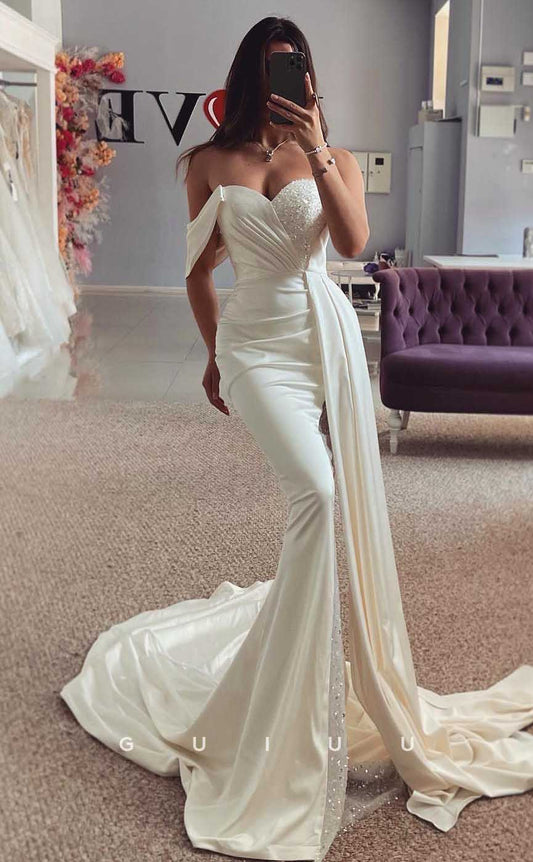 GW829 -  Unique Off-Shoulder Beaded Ruched Stain Beach Wedding Dress