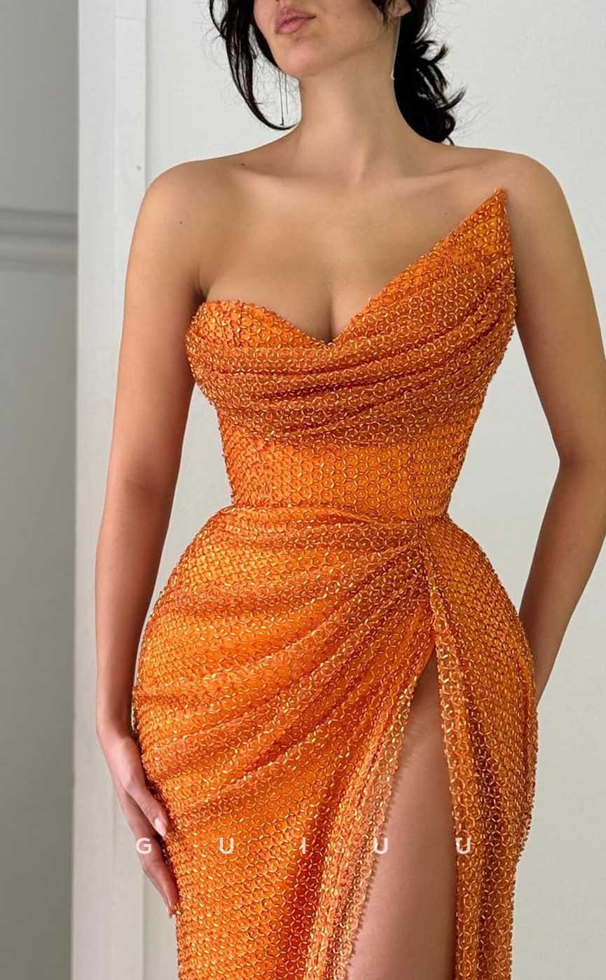 G4434 - Unique Orange Column Strapless Ruched Long Sweep Prom Party Dress with High Slit