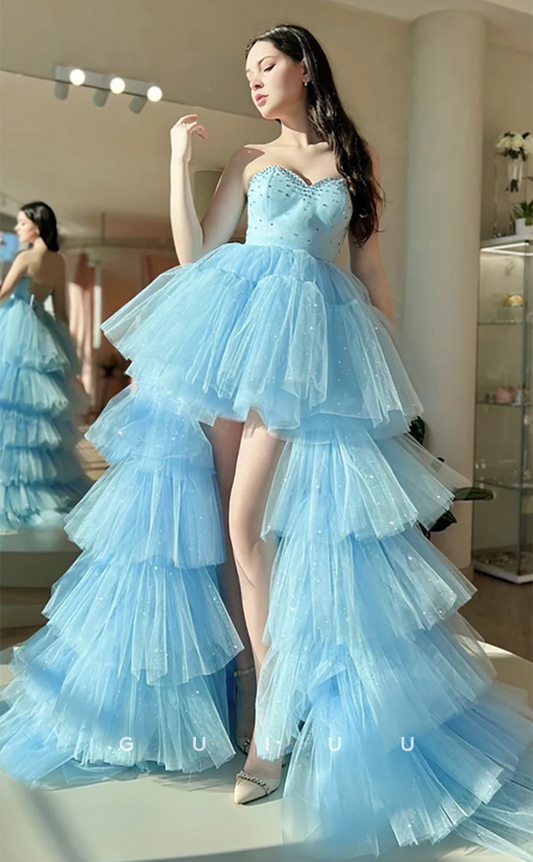 G4627 -  Unique Sweetheart Neck Lace-Up Tulle Tiered  Blue Prom Dress with High Slit