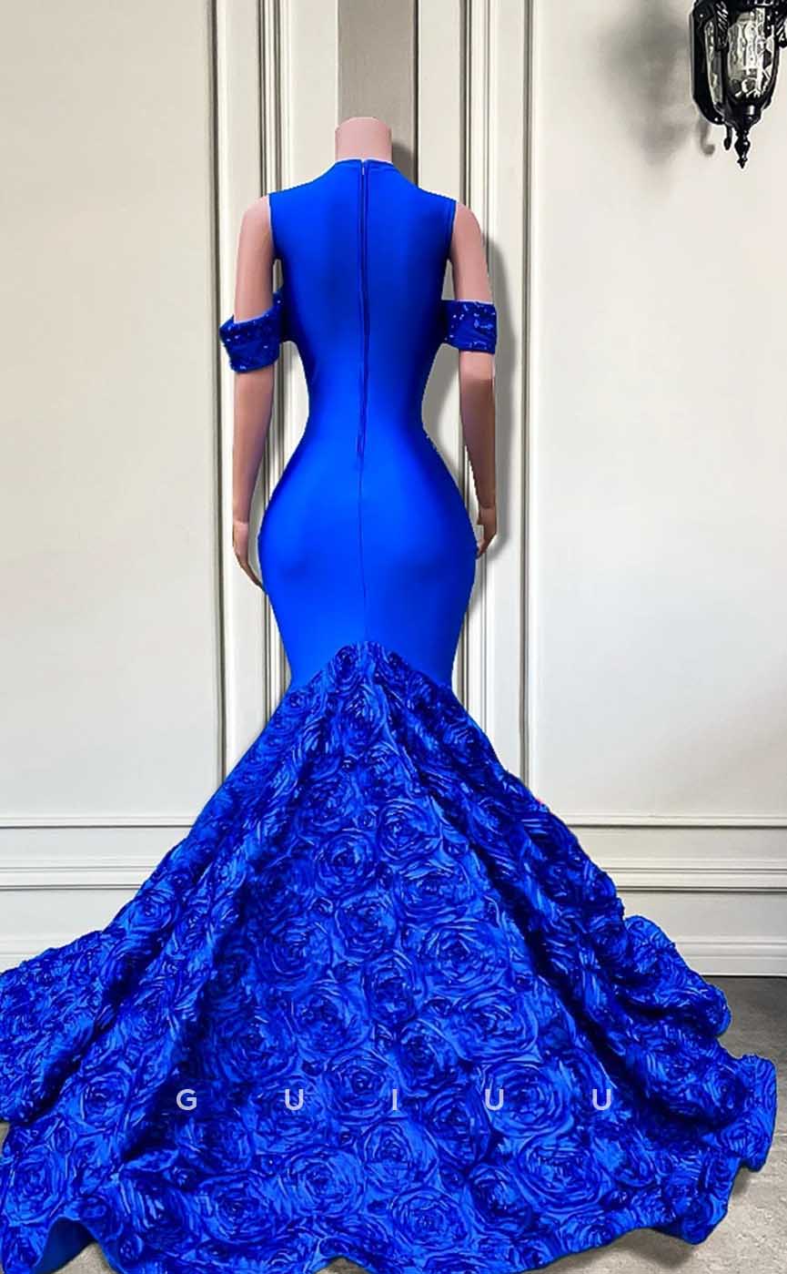 G4599 - Unique & Modern Mermaid Off-Shoulder V Neck Appliques Sequined and Flowers Formal Prom Gown with Train