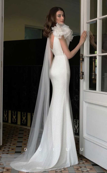 GW903 - Unique & Specical Deep V Neck Straps Sleeveless Mermaid Beach Wedding Dress with Slit and Train