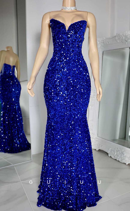 G4569 -  Women's Mermaid Strapless Sleeveless Fully Sequined  Lace-Up Prom Gown