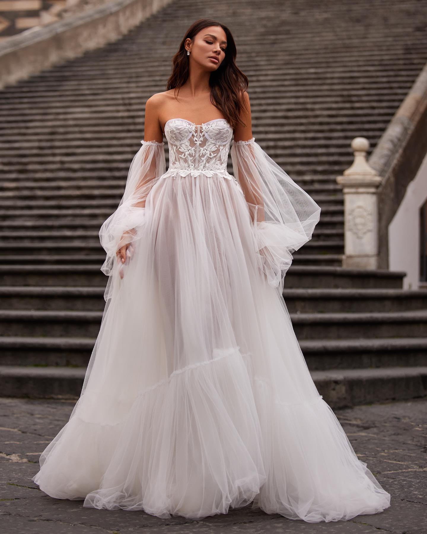 GW919 - A-Line Strapless Long Sleeves Appliqued Pleated Tulle Wedding Dress