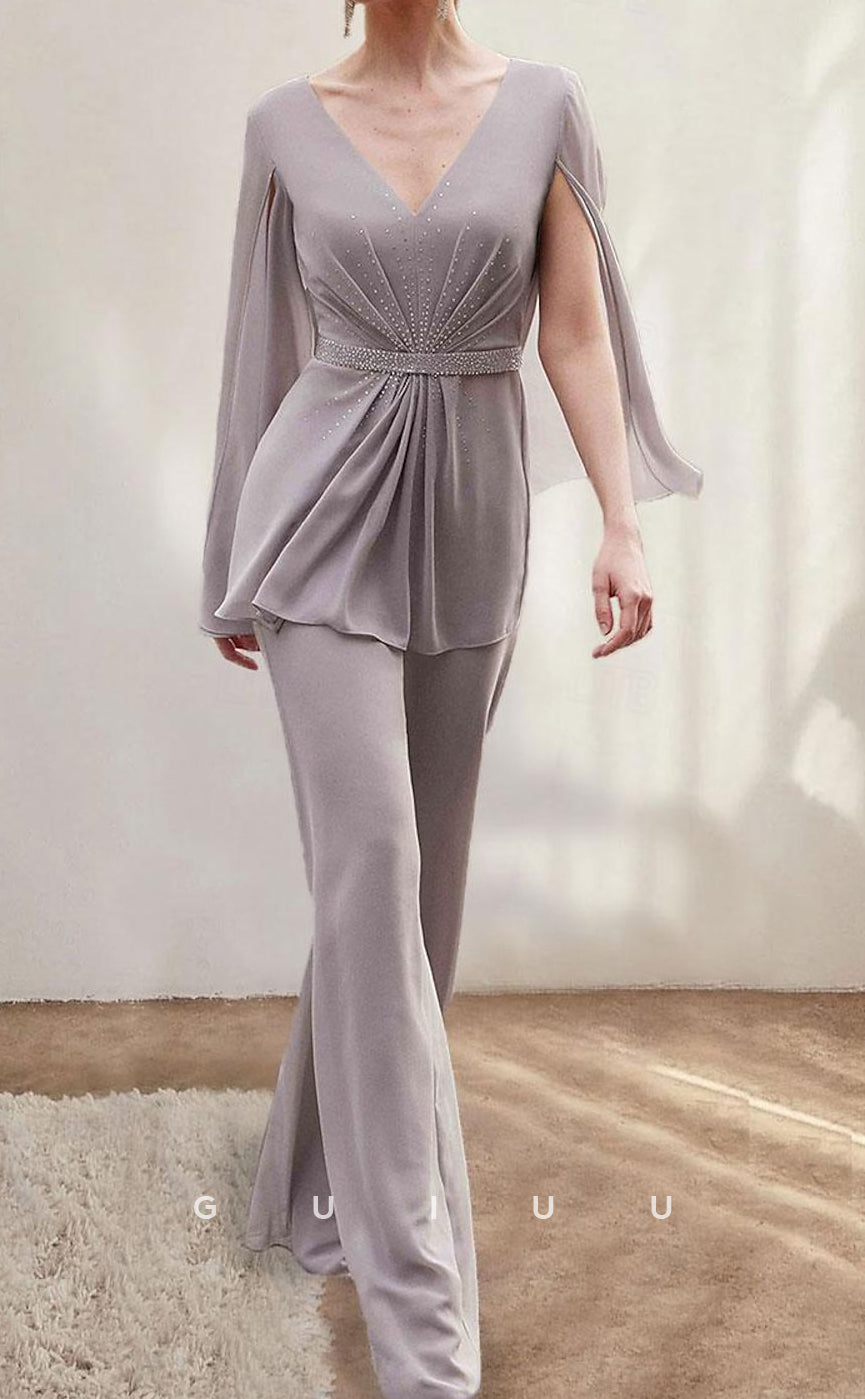 GM048 - Elegant A-Line Low V Neck Asymmetrical Knee Length Long Sleeves Ruched Split Chiffon Mother of the Bride Dress