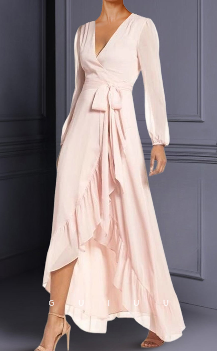 GM049 - Elegant A-Line Low V Neck Asymmetrical Knee Length Long Sleeves Ruched Split Chiffon Mother of the Bride Dress