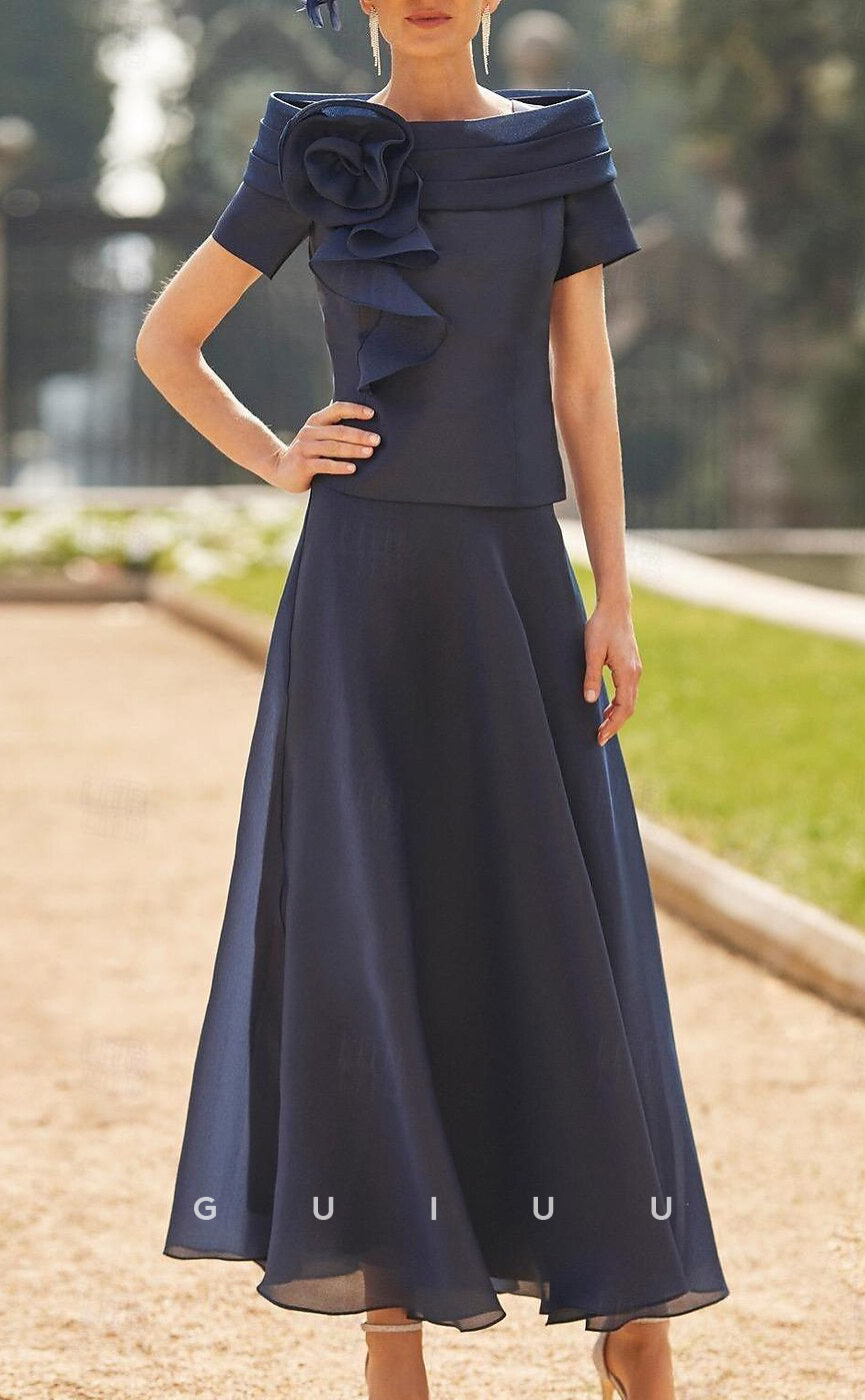 GM031 - Elegant Sheath Scoop Neck Short Sleeves Flowers Chiffon Mother of the Bride Dress Formal Wedding Guest Gown