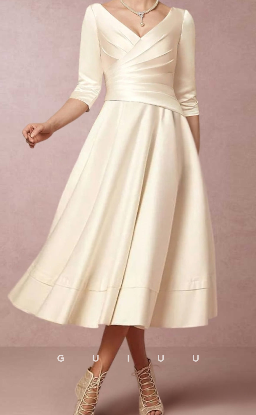 GM050 - Elegant Simple A-Line V Neck Knee Length Half Sleeves Pleated Satin Mother of the Bride Dress