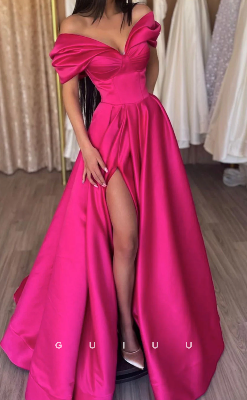 G4633 - Sexy & Hot A-Line Off-Shoulder Pleats Stain Long Prom Party Gown with High Side Slit