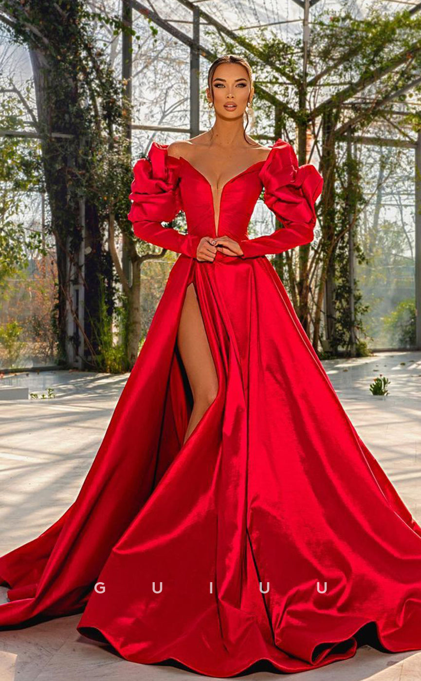G4670 - Sexy & Hot A-Line V Neck Long Sleeves High Side Slit Red Prom Party Dress with Train