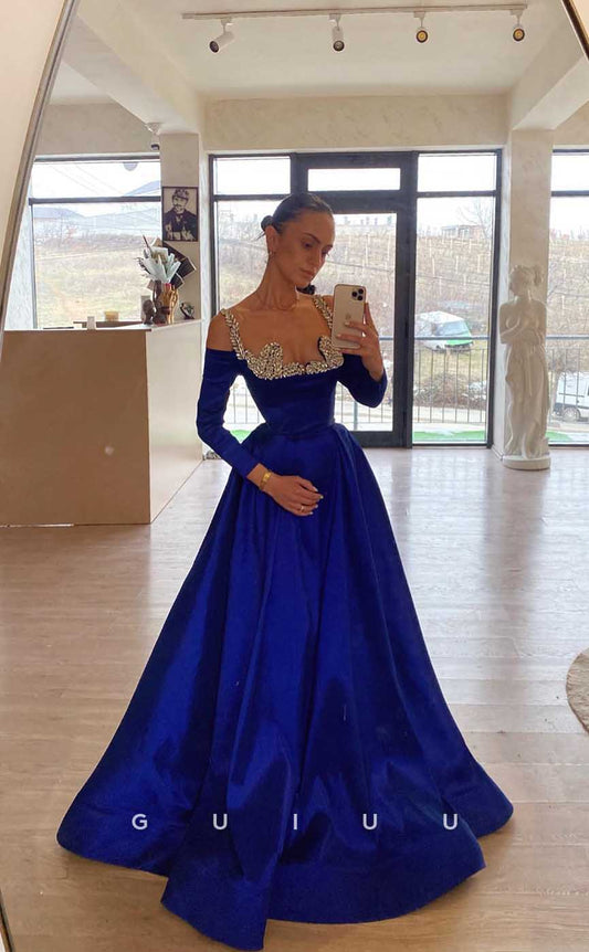 G4389 - Glamorous Drak Blue A-Line Satin Crystal Straps Long Sleeves Sweep Formal Prom Dress