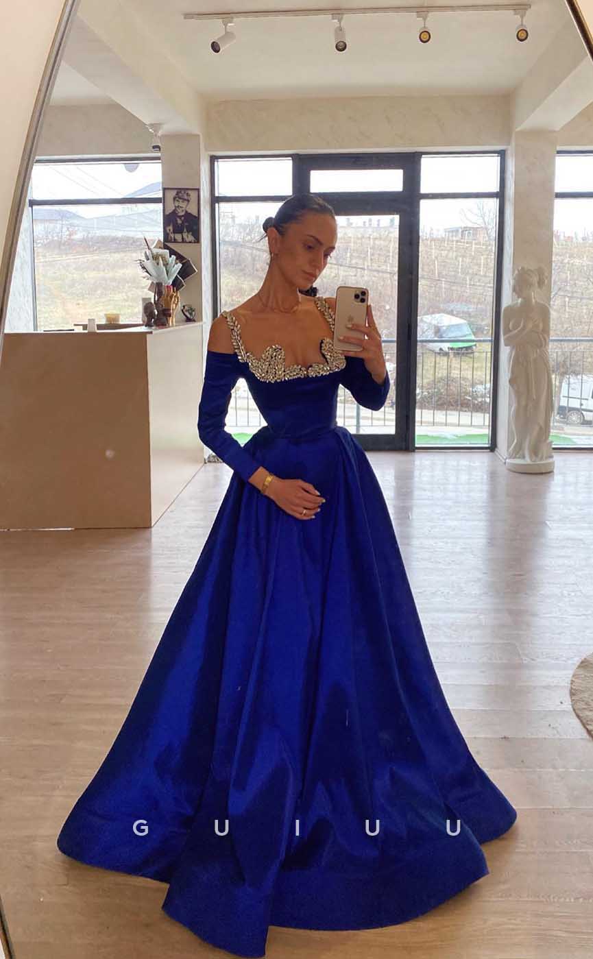 G4389 - Glamorous Drak Blue A-Line Satin Crystal Straps Long Sleeves Sweep Formal Prom Dress