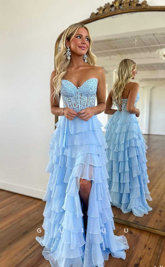 G4403 - Chic & Cute A-Line V Neck Illusion Pleats Chiffon Tiered Open Back Prom Evening Dress with Slit