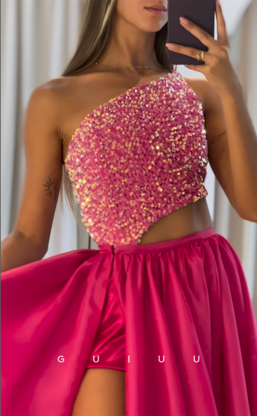 G4407 - Chic & Modern A-Line Detachable One Shoulder Stain Beaded Sleeveless Long Prom Party Dress with Slit