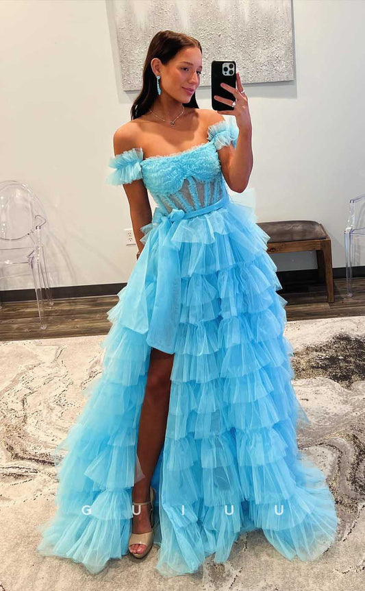 G4404 - Chic & Modern A-Line Off Shoulder Lace Tiered Illsion Lace Op Prom Party Dress with Slit