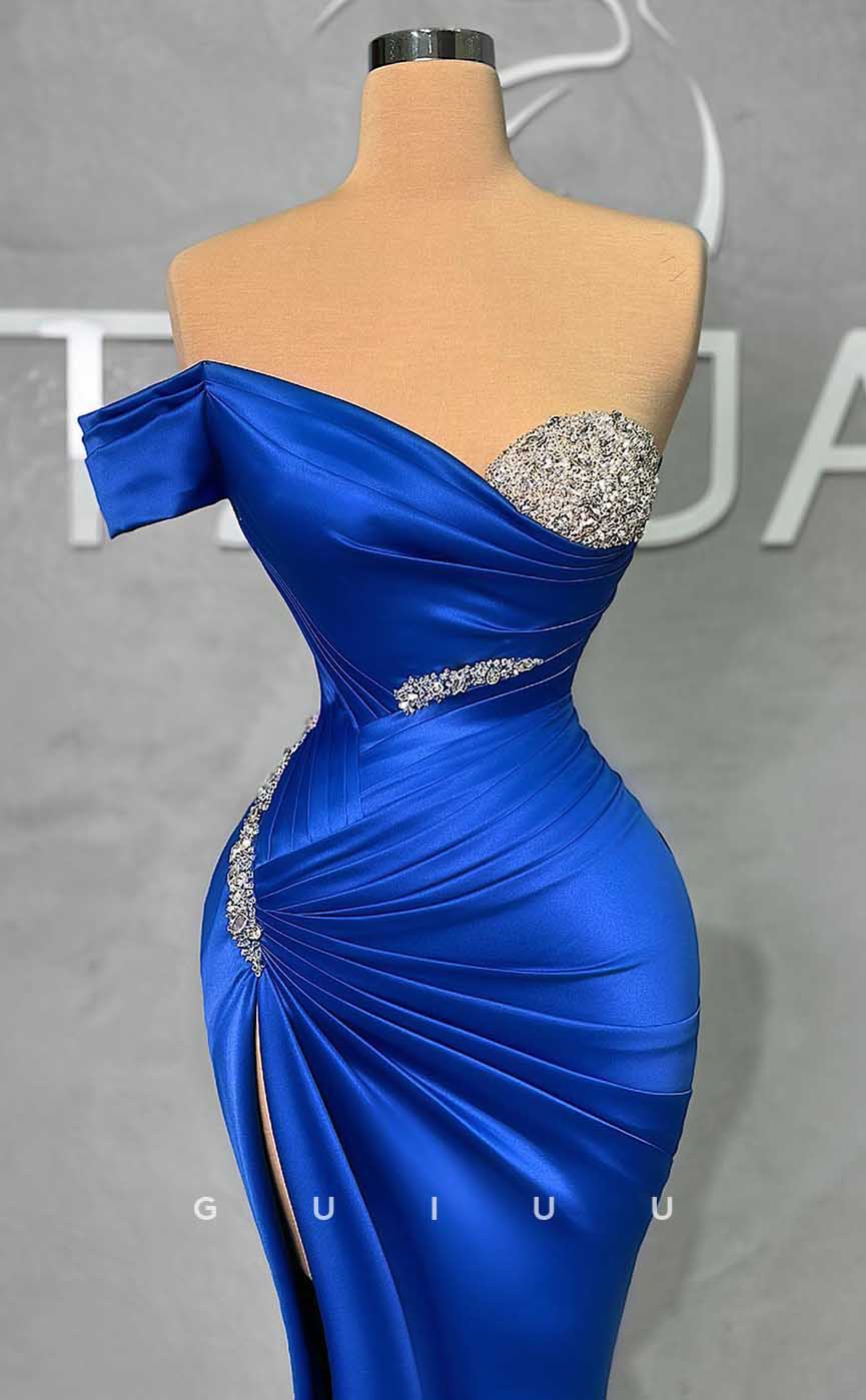 G4600 - classic Mermaid Off-Shoulder Blue Stain Pleats Crystal Prom Formal Dress with Slit