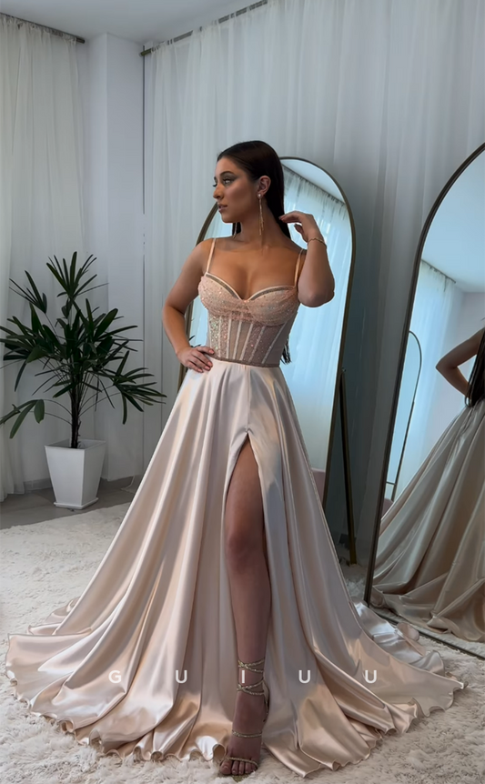 G4411 - Classic&Modern A-Line Stain Strapless Straps Pleats Formal Prom Evening Dress with Slit