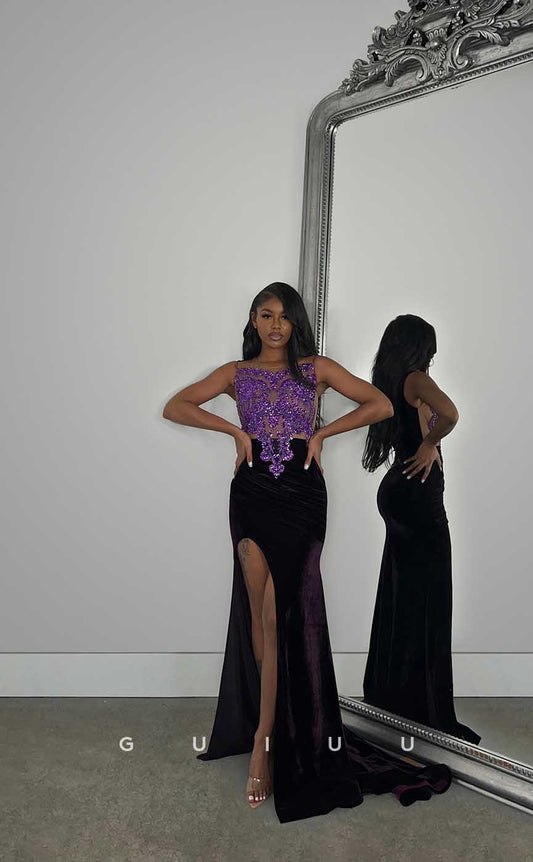 G4426 - Classic Column Sleeveless Velvet Appliques Prom Evening Dress with Slit ang Train for Black Girl Slay