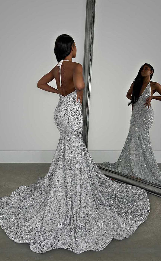 G4424 - Classic & Modern Mermaid Halter  Beaded Open Back Prom Party Dress with Train for Black Girl Slay