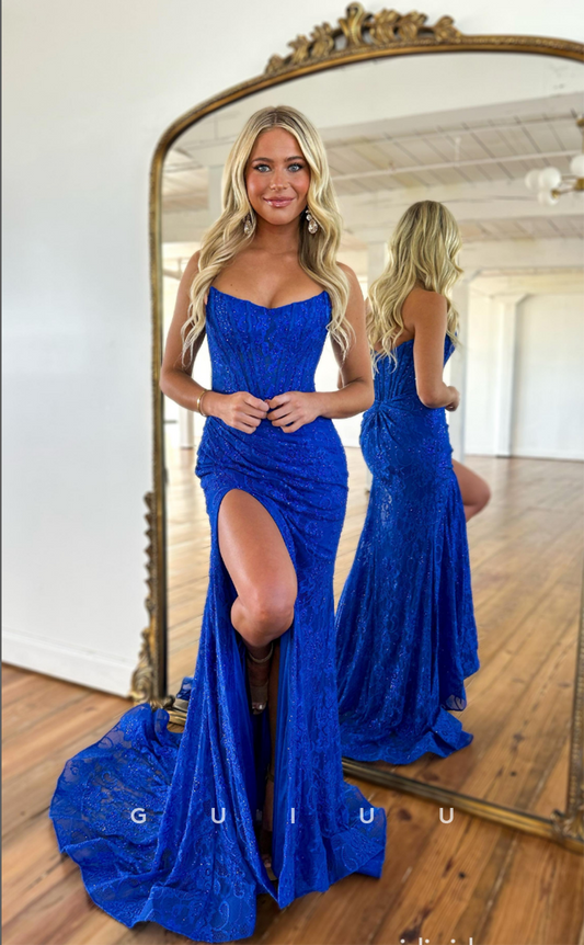 G4399 - Sexy & Hot Column/Mermaid Illusion Allover Applique Shiny Sweep Prom Party Dress with Slit