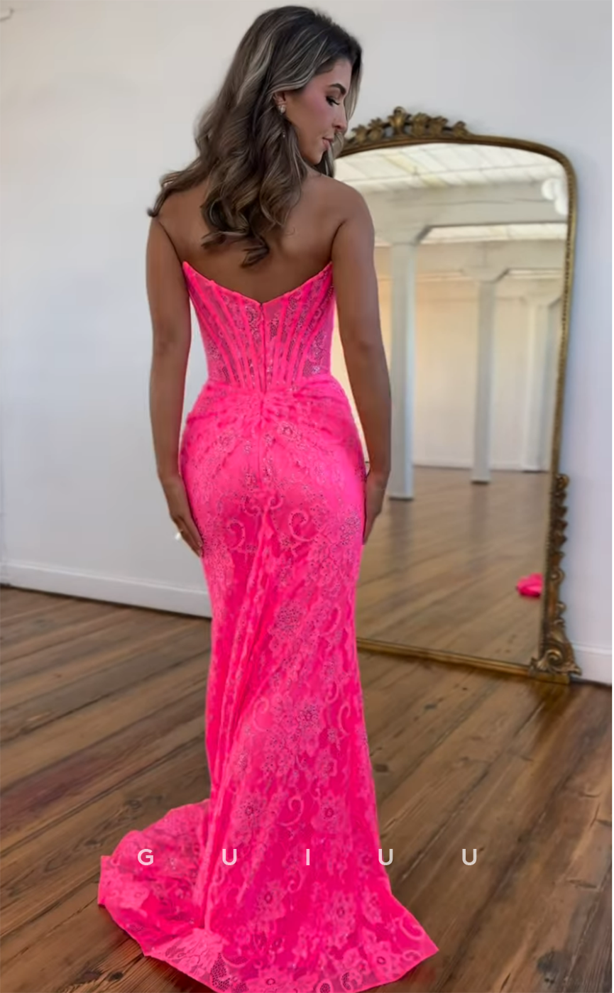 G4399 - Sexy & Hot Column/Mermaid Illusion Allover Applique Shiny Sweep Prom Party Dress with Slit