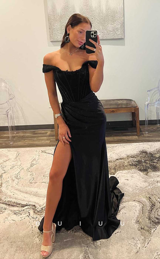 G4394 - Classic & Timeless Black Column Sweep Open Back Draped  Prom  Party Dress with Slit