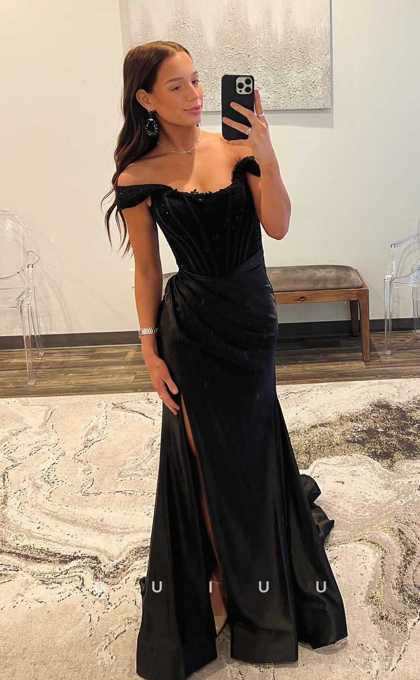 G4394 - Classic & Timeless Black Column Sweep Open Back Draped  Prom  Party Dress with Slit
