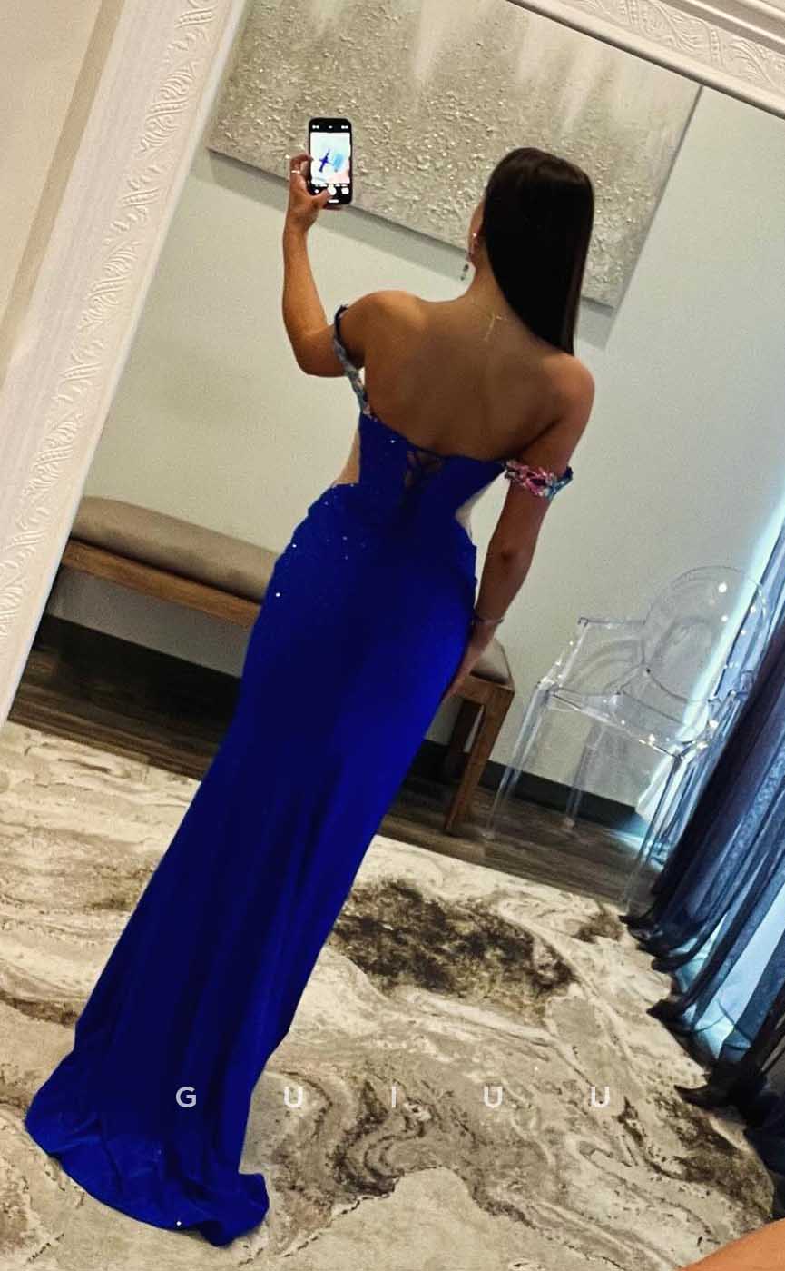 G4392 - Chic & Stylish Column Low V Neck Appliques Open Back Long  Form Party Dress with Slit
