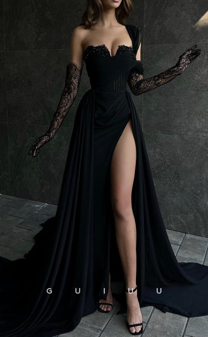 G2315 - A Line V Neck Appliques Black Elegant Prom Formal Dress with Slit