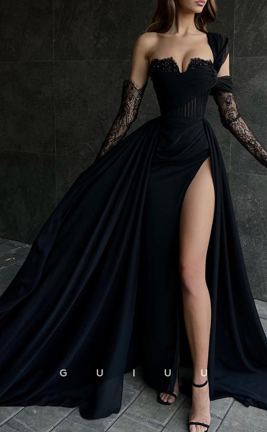 G2315 - A Line V Neck Appliques Black Elegant Prom Formal Dress with Slit