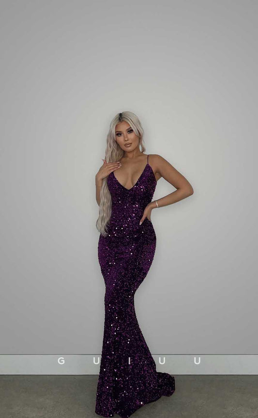 G4427 - Glamorous Mermaid V Neck Spaghetti Straps Fully Sequined Open Back Long Prom Party Dress for Black Women Slay