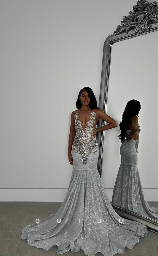 G4429 - Glamorous Mermaid Deep V Neck Sleeveless Allover Crystal Open Back Prom Party Dress with Train for Black Girl Slay