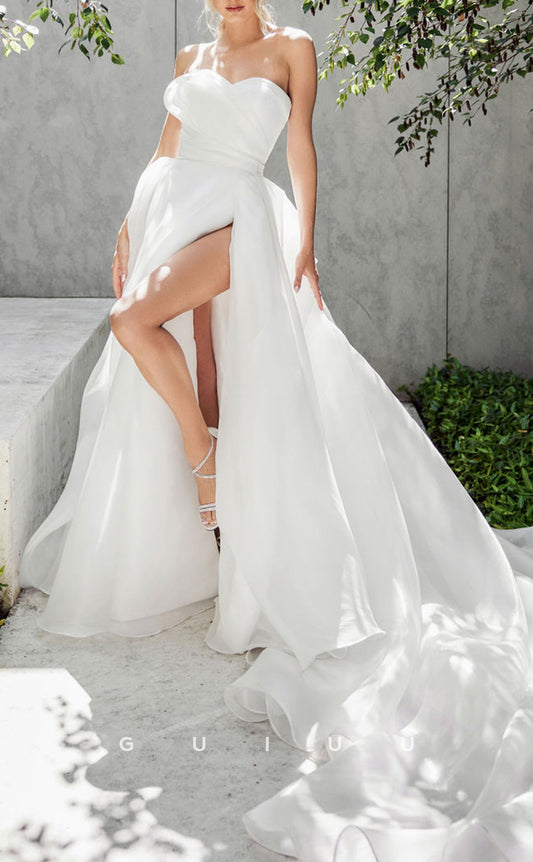 GW107 - A line Strapless High Split Organza Simple Wedding Dress