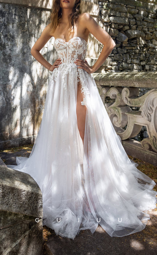GW115 - A line Sweetheart Lace Appliques Boho Wedding Dress with Slit