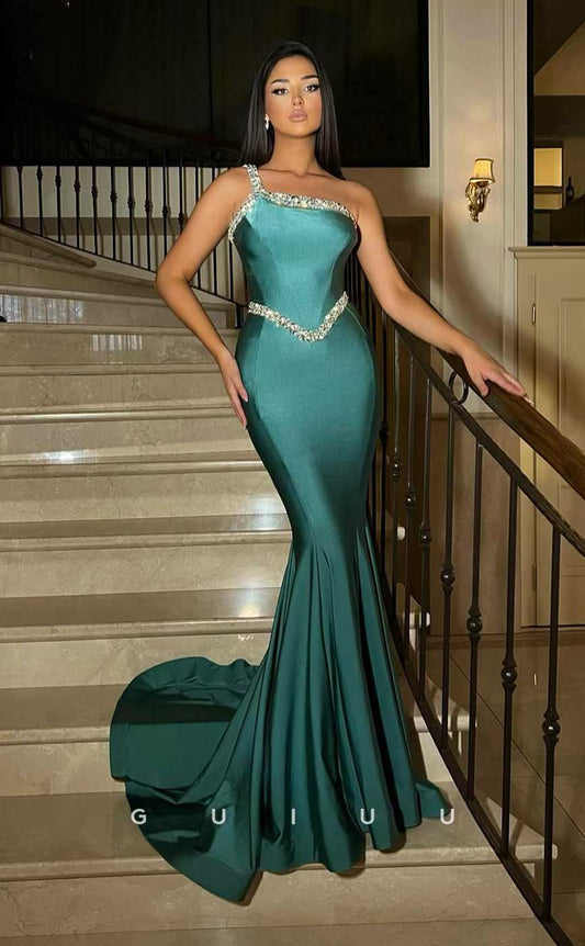 G4397 - Light Luxury & Elegant Mermaid Sweep One Shoulder  Prom Dress Formal Gown with Rhinestone