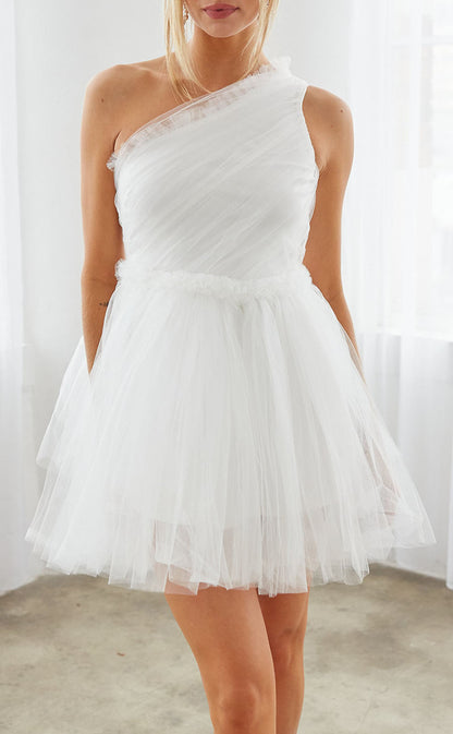 GH485 - A line One Shoulder Tulle Pleats Simple Homecoming Dress Short Graduation Dress