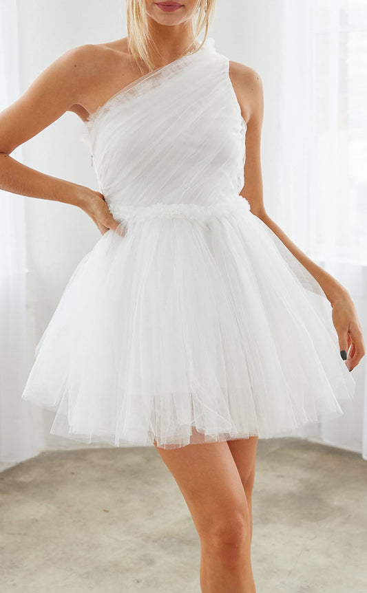 GH485 - A line One Shoulder Tulle Pleats Simple Homecoming Dress Short Graduation Dress