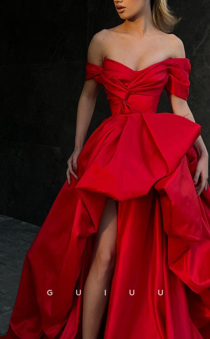 G2317 - Ball Gown Off Shoulder Red Satin Pleats Long Prom Formal Dress