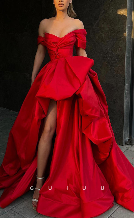G2317 - Ball Gown Off Shoulder Red Satin Pleats Long Prom Formal Dress