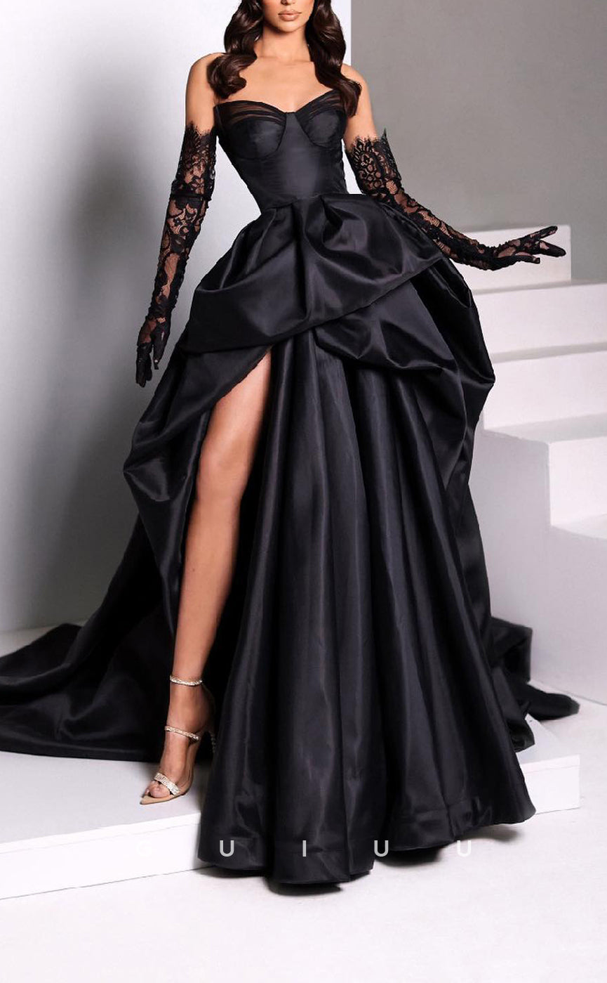 G2318 - Ball Gown Sweetheart Black Satin Draped Long Prom Formal Dress