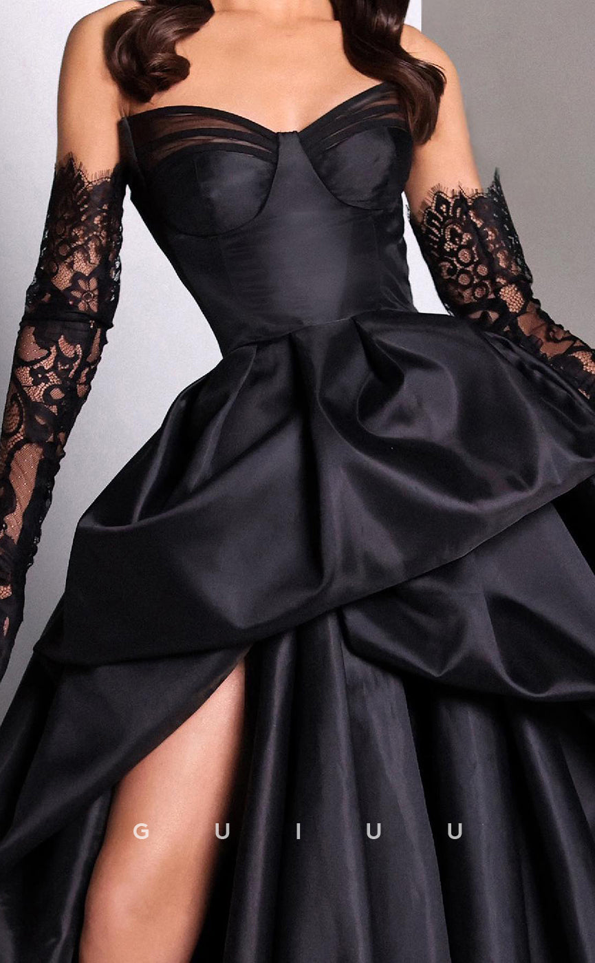 G2318 - Ball Gown Sweetheart Black Satin Draped Long Prom Formal Dress
