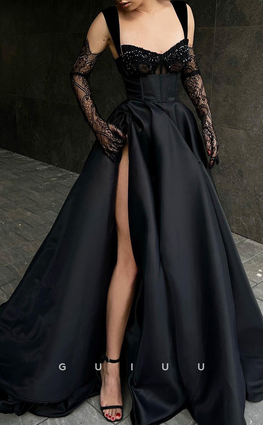 G2316 - A line Sweetheart Lace Appliques Black Satin Long Prom Formal Dress with Slit